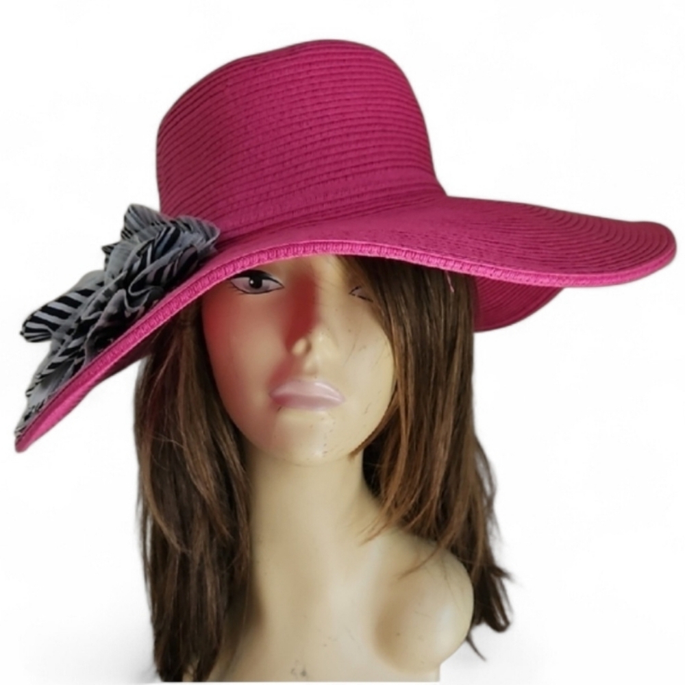 Scala Pink w/Black White Flower On Side  Tea Church Pool Floppy Hat